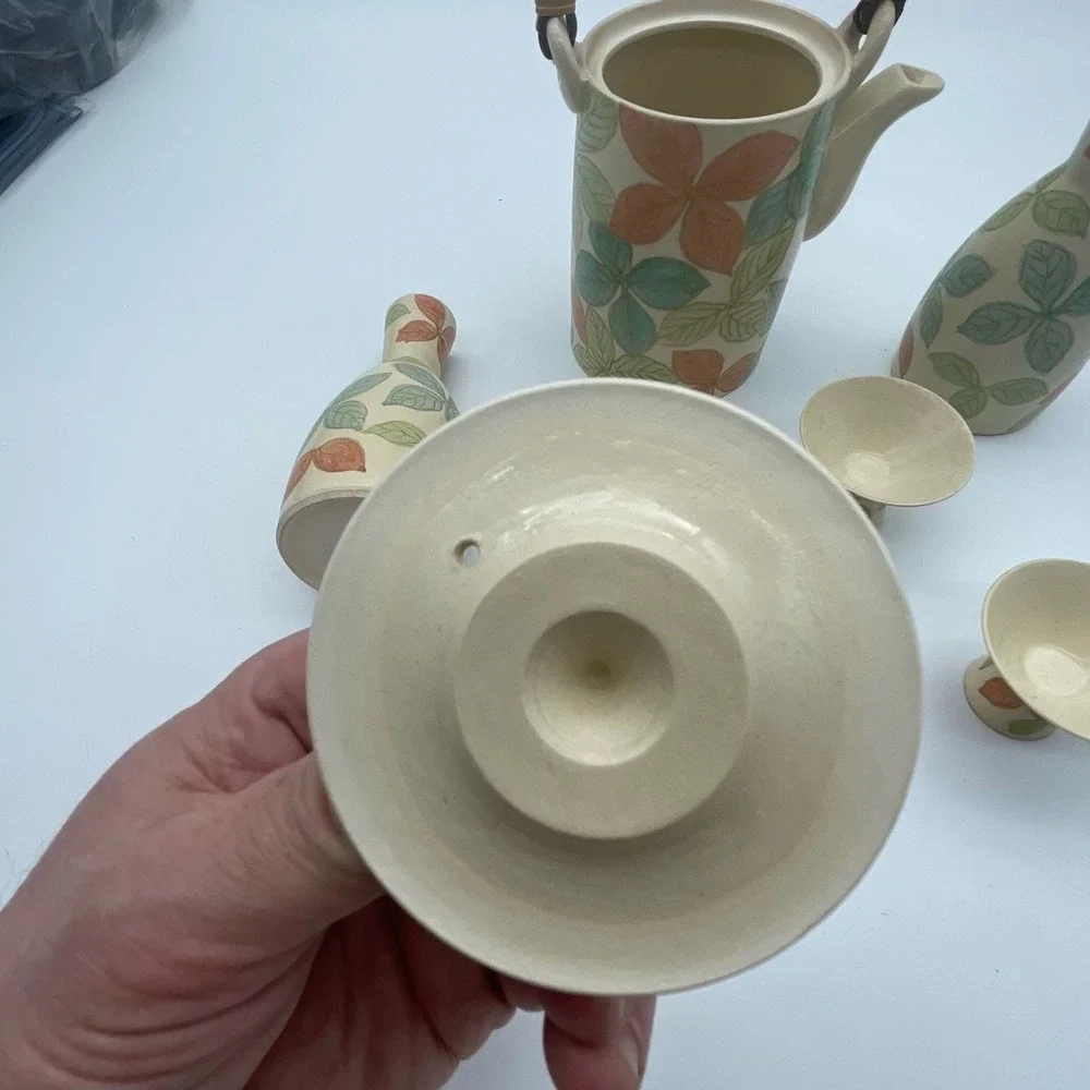 Vintage Otagiri Japanese Sake Tea Set Hand Painted Floral Leaf 6-Piece Ceramic
